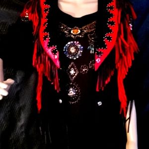 Freedom Brand 100 % leather  Black & Red w/ fringe Women's Vest SZ 6 USA made